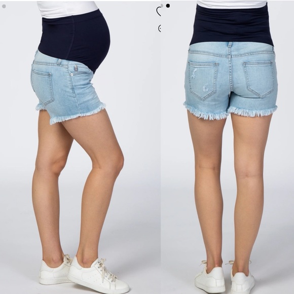 Pinkblush Light Wash Fringe Hem Maternity Denim Jean Shorts - Picture 2 of 9